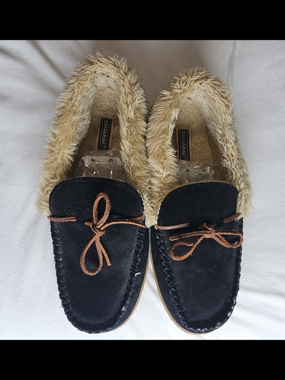 Tamarac Faux Fur Lined Black Suede Moccasin Slippers - Size 13